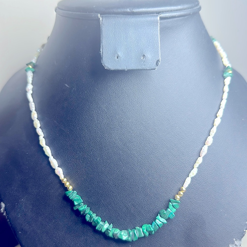 Freshwater Pearl Necklace with Malachite Beads